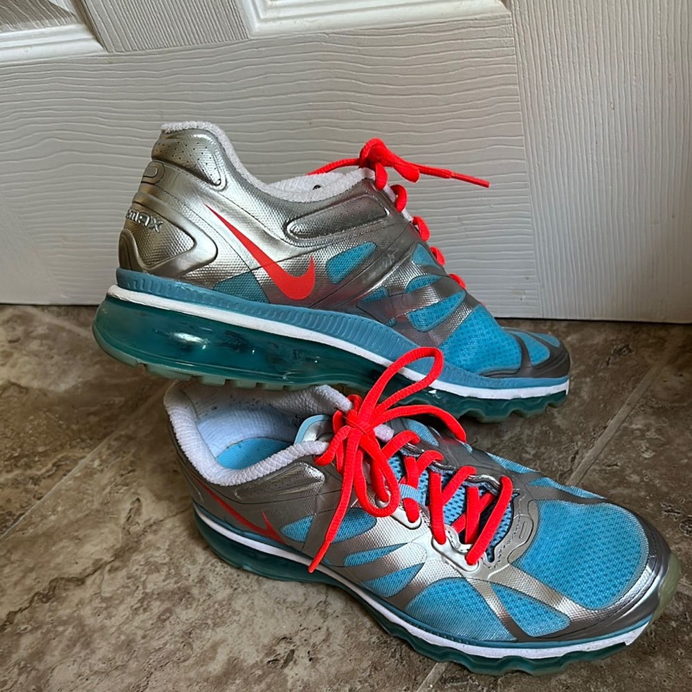 Nike Air Max Silver and Teal Sneakers with Red Accents
